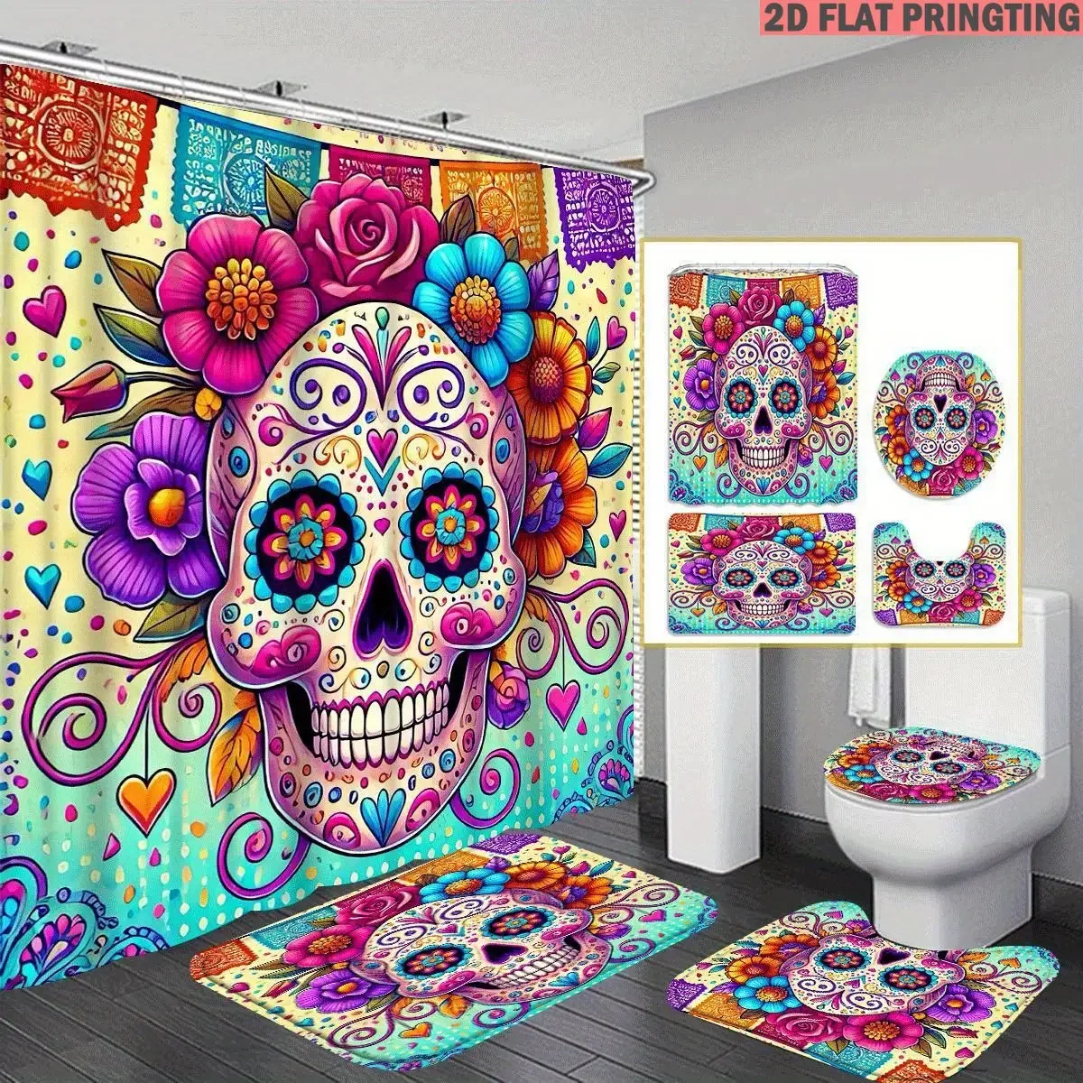 1pc/4pcs Shower Curtain and Bath Mat Set with print pattern Sugar Skull With Flowers And Hearts Pattern Non-Slip Bathroom Decor