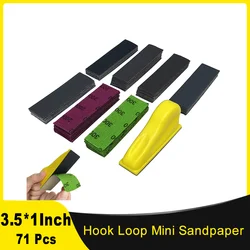 71 Pcs Hook and Loop Mini Sandpaper Kit 3.5”x 1” with Sanding Block for Polishing Wood Artworks Cups Glasses or Corner of Table