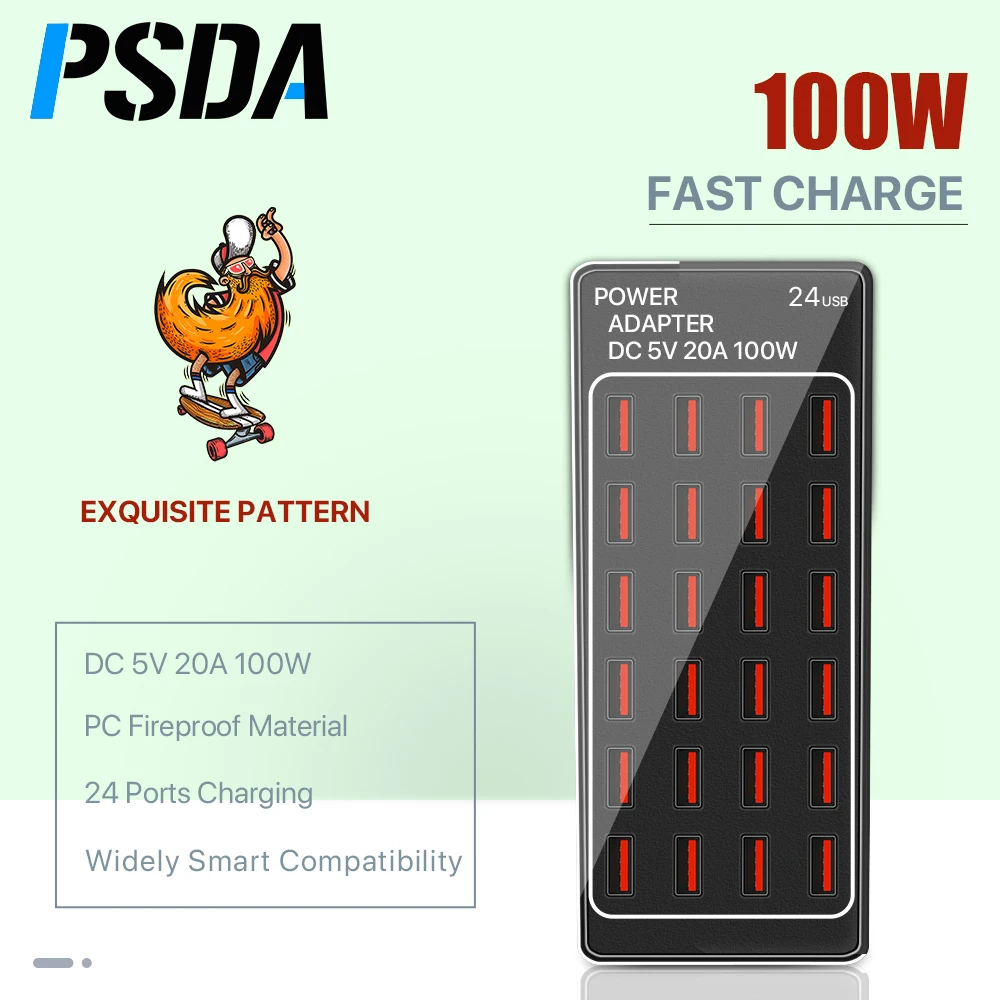 PSDA 3D UV 100W 24 Ports USB Charger Dock Station Power Adapter 5V 20A USB Mobile Phone Fast Charging USB Hub For Iphone Samsung