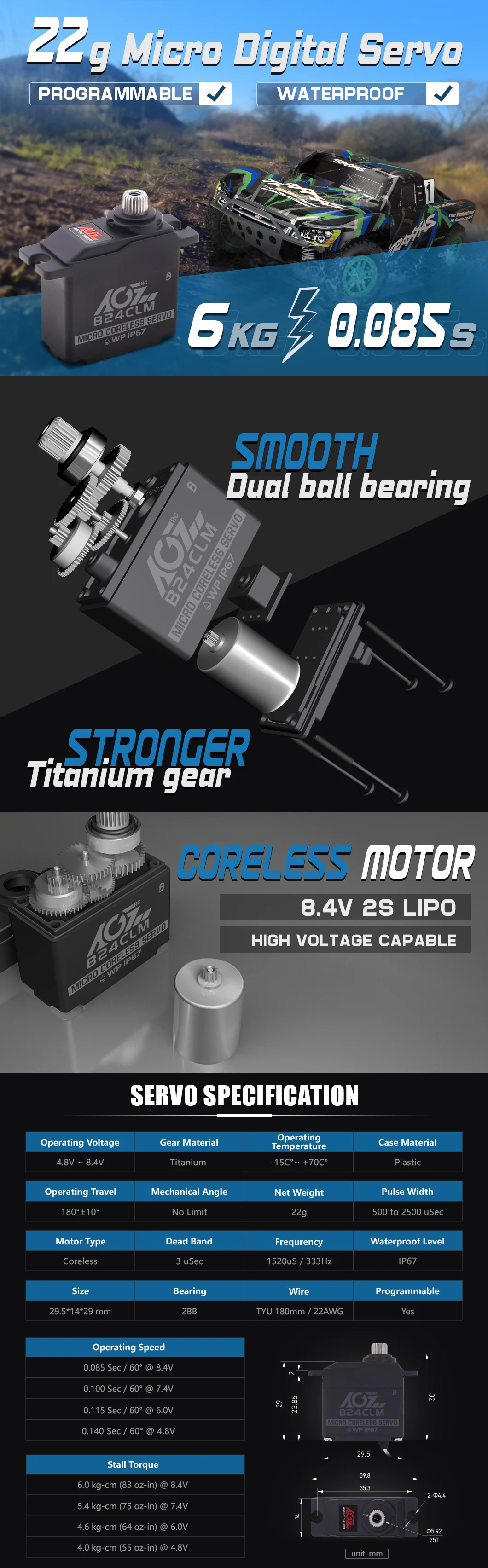 Agfrc b24clm 6kg Hochgeschwindigkeits-HV-Titan-Zahnrad kernloses Mini-Micro-Digital-wasserdichtes Servo für die Verbesserung der DIY-Baugruppe von rc – Detail 1