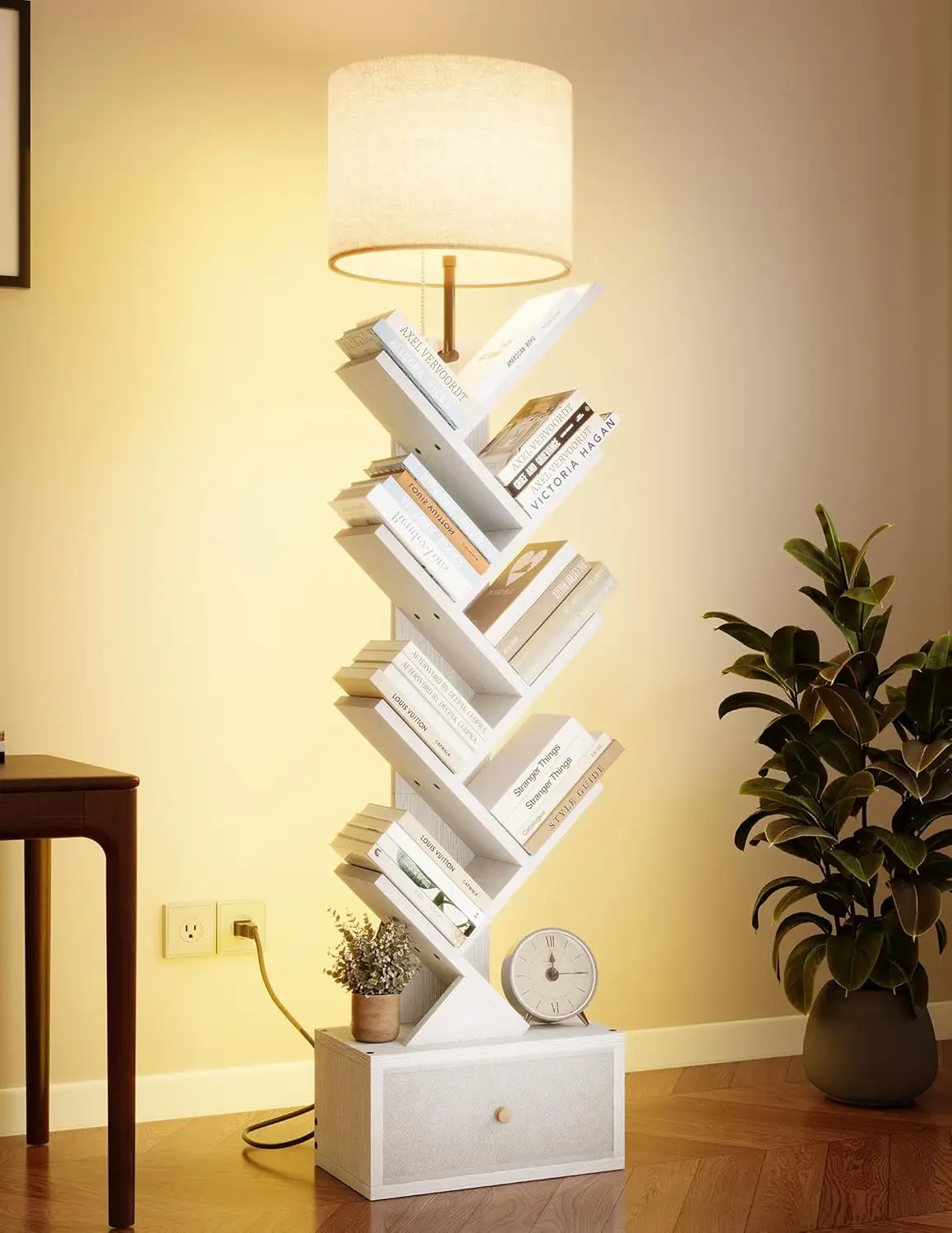 

9-Tier Tree Bookshelf with Light & Drawer, Floor Standing Storage Organizer for Books/CDs, White