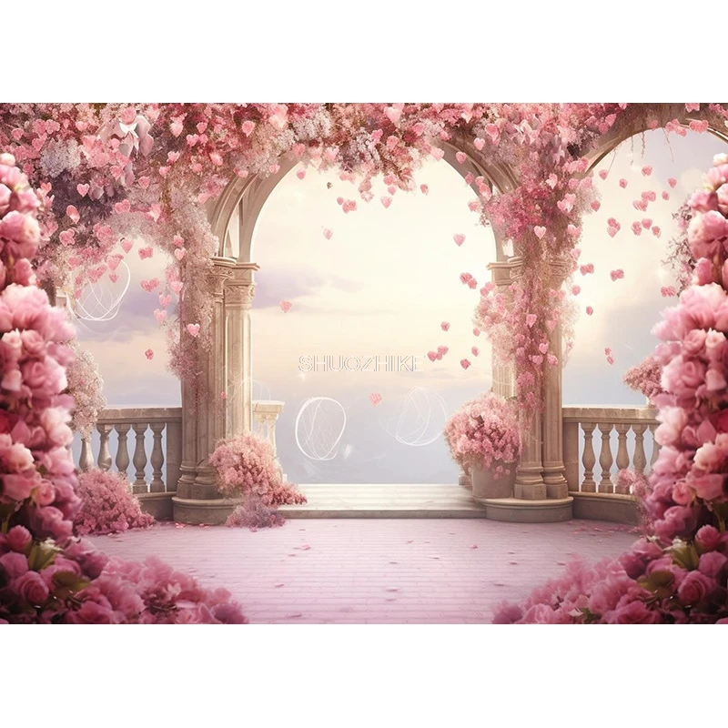 Romantic Fantasy Wedding Gate Bouquet Deco Photography Backdrop Props Archway With Flowers Palace Photo Studio Background HHL-04
