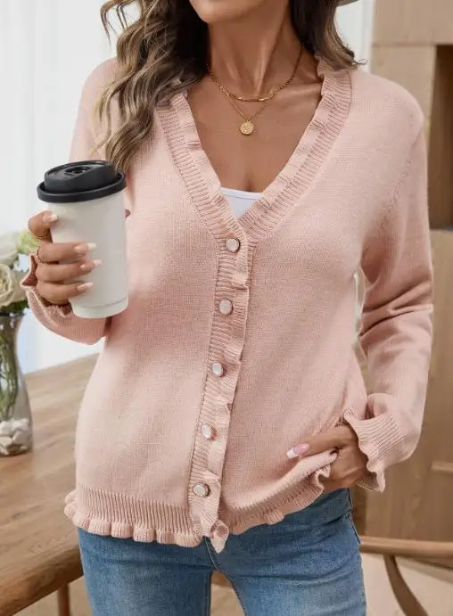 

Осенне-зимний женский вязаный жакет-кардиган 2025 года, модный и элегантный, с черным светром на пуговицах с краями грибка