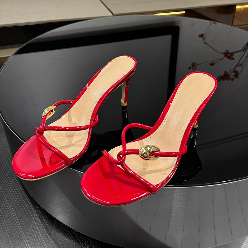 Thin High Heels Women Patent Leather Open Toe Slippers Cross Strap Metal Decor Sandals Summer Fashion Party Dress Sandalias