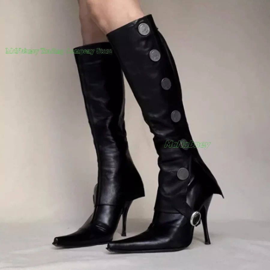 

Black Leather Buckle Women Boots Fine Heeled Pointed Toe High Heeled Boots Buckle Patchwork Long or Short Boots 2023 Plus Size