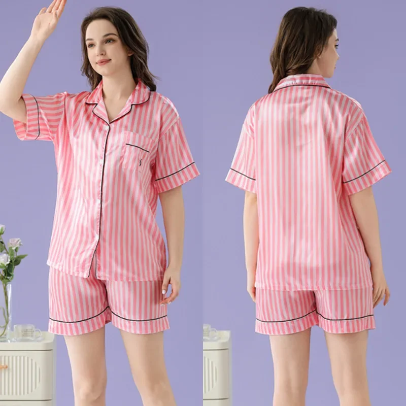 Women's Pajamas Sets Summer 2 Piece Striped Print Pyjama Faux Silk Satin Button Sleepwear Short Sleeve Pijama Mujer Pjs Homewear