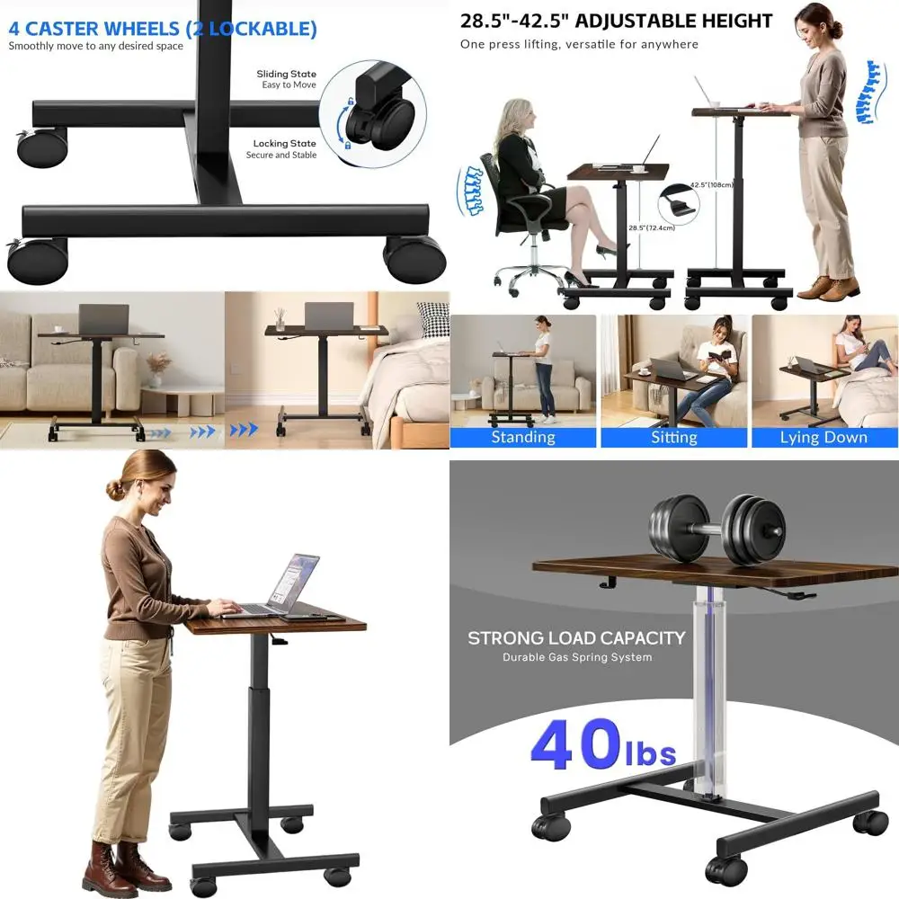 

Adjustable Height Mobile Laptop Desk with Wheels, Portable Rolling Computer Workstation for Home or Office (Rustic Brown)