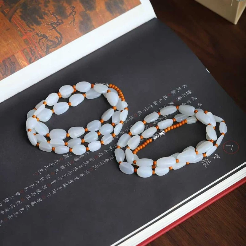 Natural Hotan Russian Material Sheep Fat Grade White Jade Stone Necklace Women