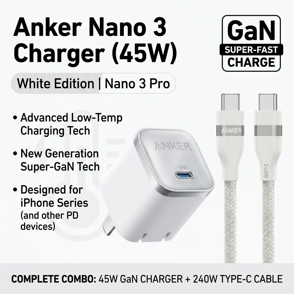 Anker Nano 3 Pro 45W GaN USB-C Fast Charger Kit With 240W Type-C Cable PD Fast Charging Adapter For iPhone Samsung Macbook