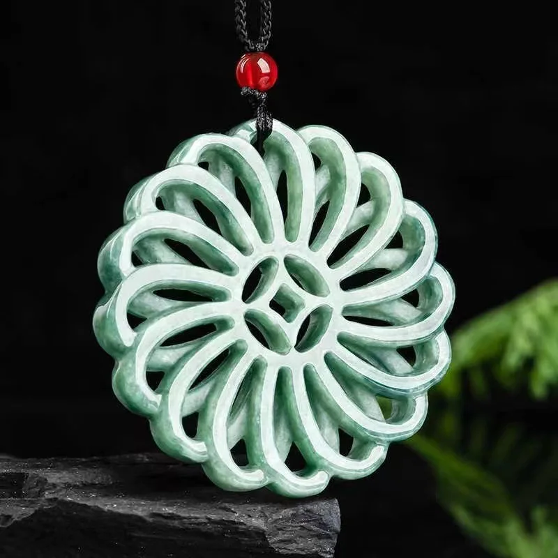 Natural A Burma Jadeite Money To Run The Pendant Ice Seed Jade Charms Transfer Wheel Sweater Chain Men's Women's Jewelry