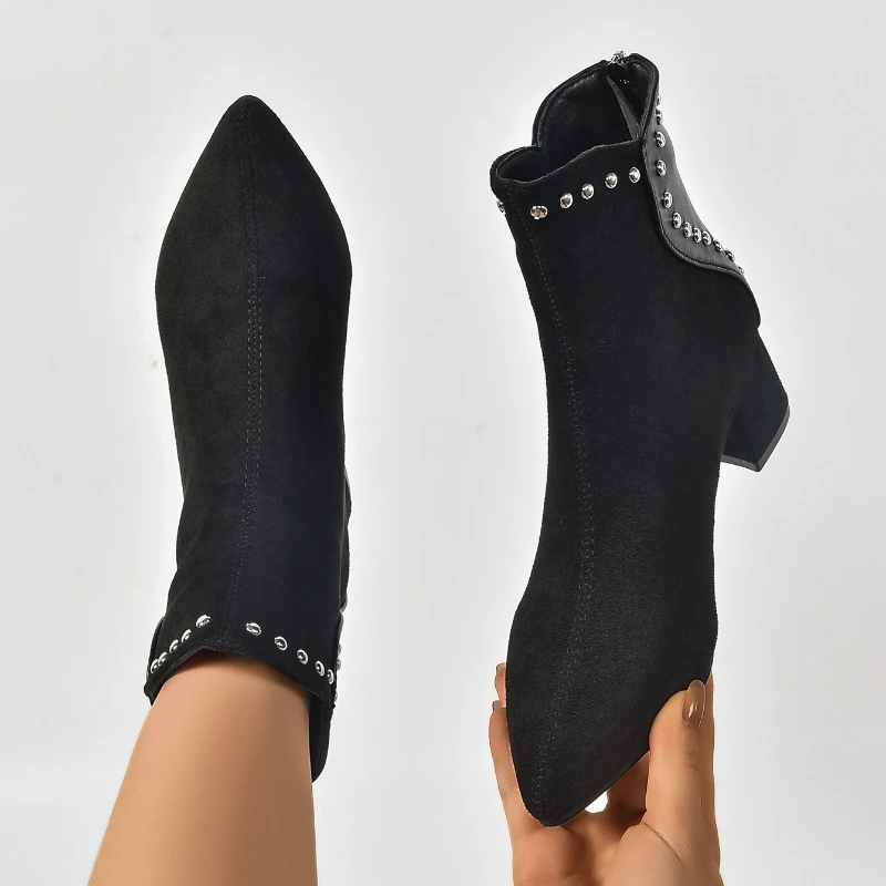

Sexy Women Suede Zipper Boots Square Heels Pointed Head Faux Designer Shoes High Quality Platform Ankle Boots Zapatos De Mujer