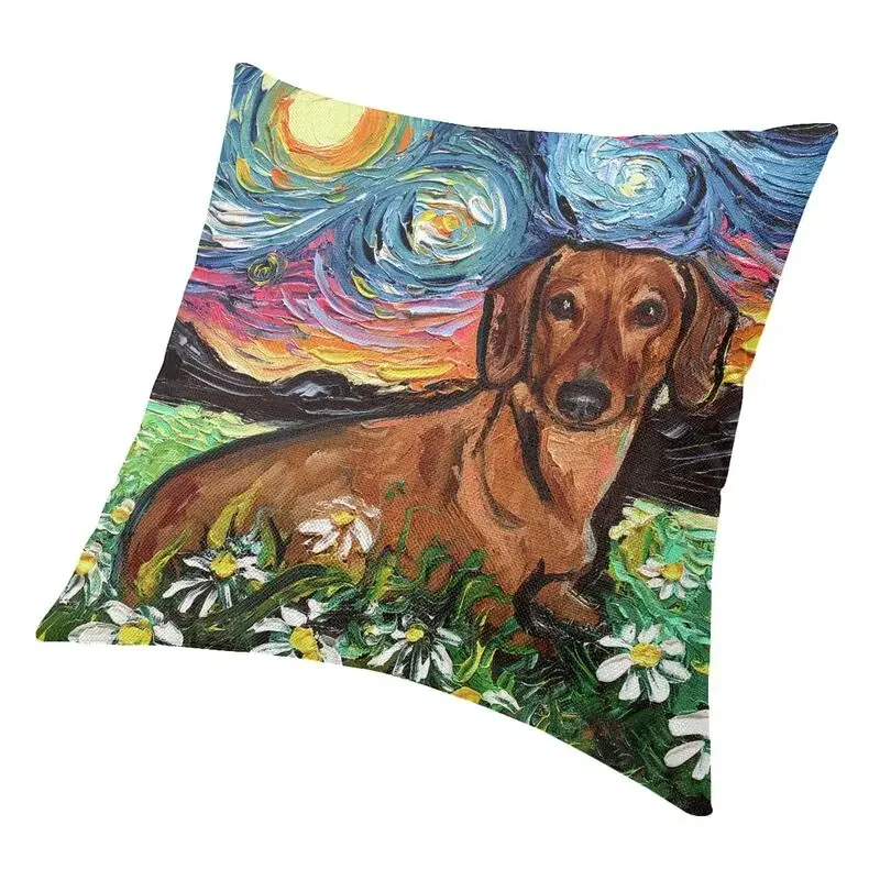 Brown Dachshund Starry Night Throw Pillow Case Bedroom Decoration 3D Print Pet Dog Lover Sofa Cushion Cover Creative Pillowcase