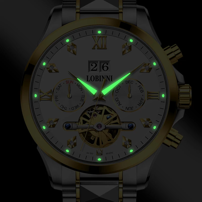 LOBINNI New Men's 50m Waterproof Top Brand Business 42mm Automatic Watch With Stainless Steel Band