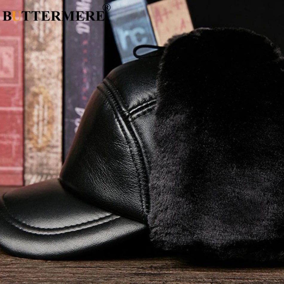 Boutere bombardeiro chapéu de couro preto masculino ushanka chapéus com earflap mais grosso chapéus russos inverno quente couro genuíno masculino bonés de pele