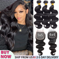 Body Wave Human Hair Bundles With Closure Brazilian Hair Weave 3/4 Bundles With 5x5 Lace Closure Wavy Human Hair Extensions