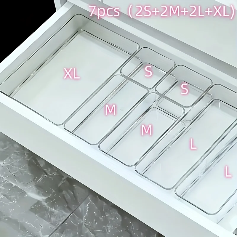 Conjunto organizador de gaveta transparente acrílico, 4/7 peças, caixa de armazenamento de cosméticos para vaidade, material de escritório, mesa de casa e organização de gavetas