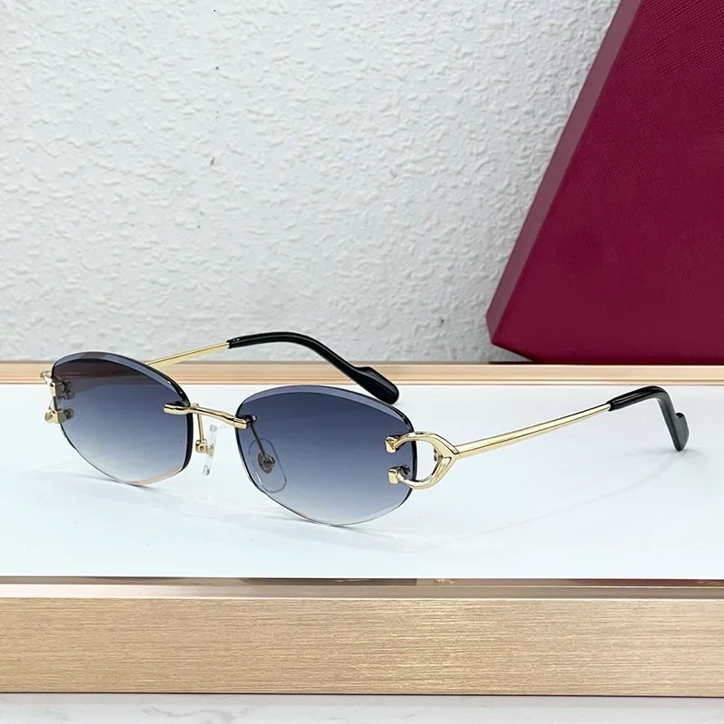 

INS Fashion Gradient Blue Diamond Cut Boundless Sunglasses for Women Light Luxury Black Gold Rimless Alloy Solar Glasses Fe