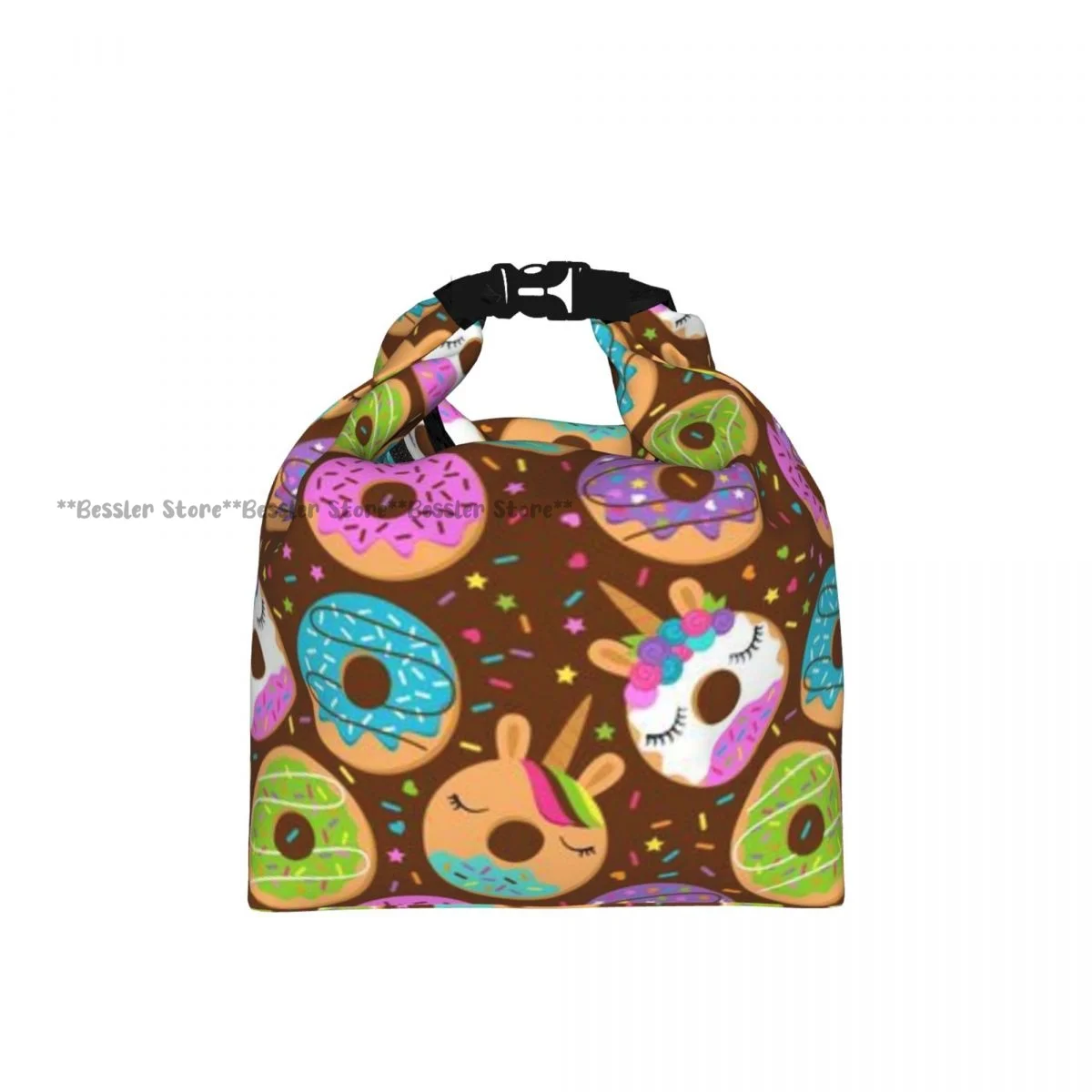 Roll-Top Insulated Lunch Bag Unicorn Donuts Thermal Bento Box Bag Portable Cooler Bag for Picnic