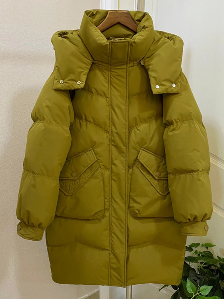 Winter Warm Hooded Solid Mid Length Down Jacket Women White Duck Down Pocket Parker Outwears Female Loose Double Zipper Jackets