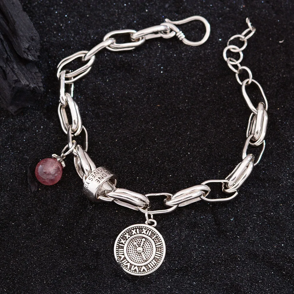 New Arrival Trendy Clock Design Strawberry Quartz & Thai Silver Female Charm Bracelet Promotion Jewelry Christmas Gifts