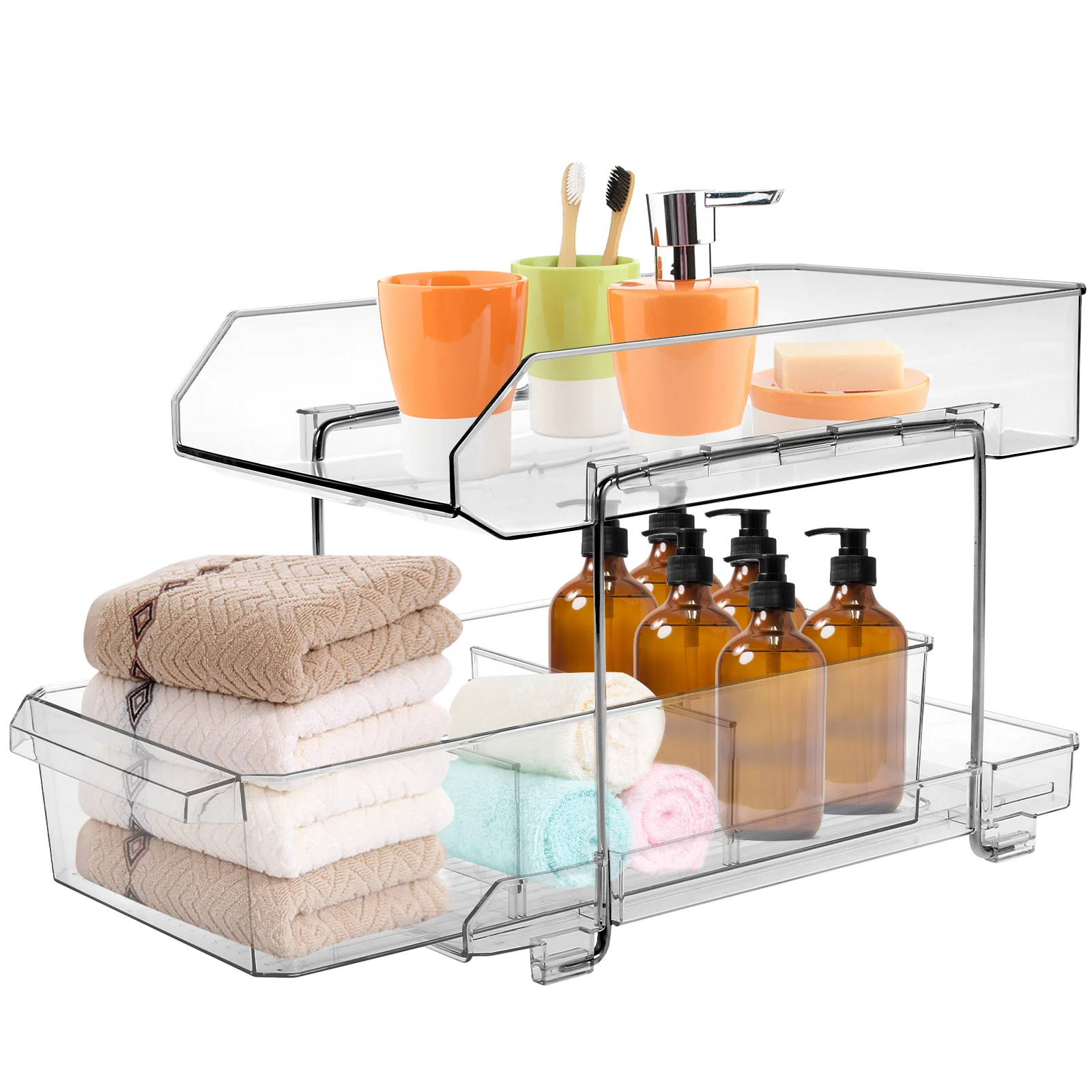 Under Sink Organizer 2 Tier Under Sink Shelf Organizer Kitchen Slide-Out Clear Storage Baskets Pantry Pull-out Organizing Tray