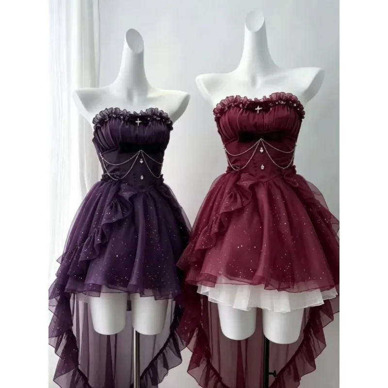 Y2k Harajuku Gothic Lolita Minikleid Retro Vintage Schleife Rüschen Spitze Elegantes Französisches Sommer Damen Abendparty Mode 2026 Kleid