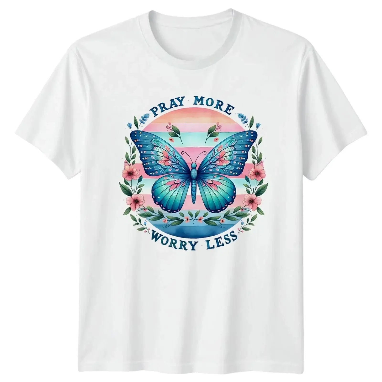 T Shirt Pray More Worry Less Schmetterling Aquarell Christlicher Glaube Geschenk vintage Washed Stretched Stylish Soft