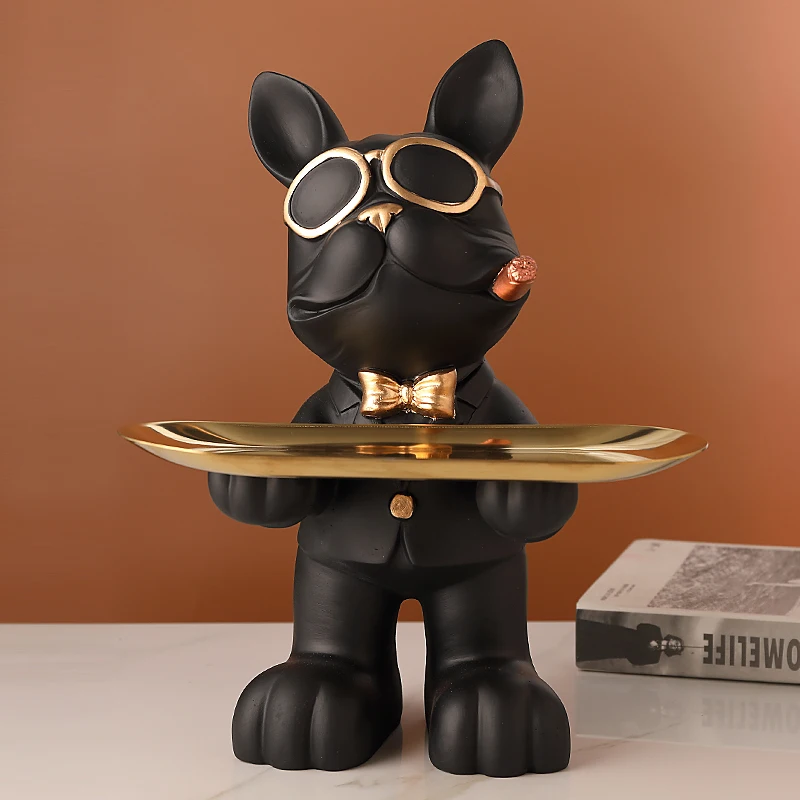 Modern Luxury Black French Bulldog Statue With Gold Storage Tray Entryway Key Holder Candy Snack Dish Table Decor For Living Roo
