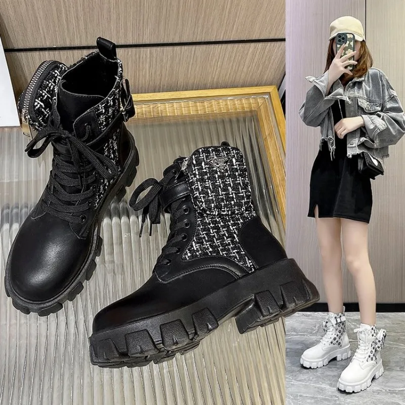 Women Boots New In Motorcycle Ankle Boots Wedges Female Lace Up Platforms White Black Leather Oxford Shoes Women Boots