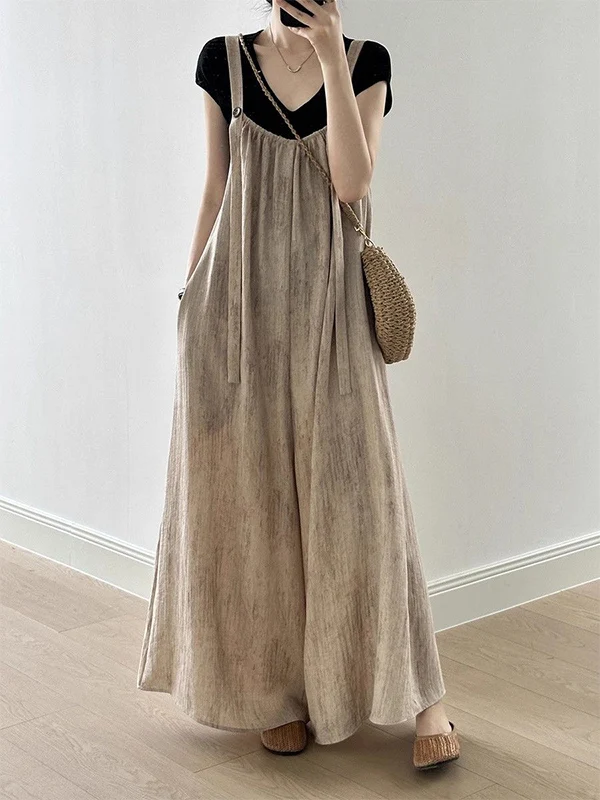 2025 Summer Suspender Rompers Oversized Women Solid Jumpsuit Fashion Cargo Overalls Holiday Wide Leg Long Pant Playsuit Wh21