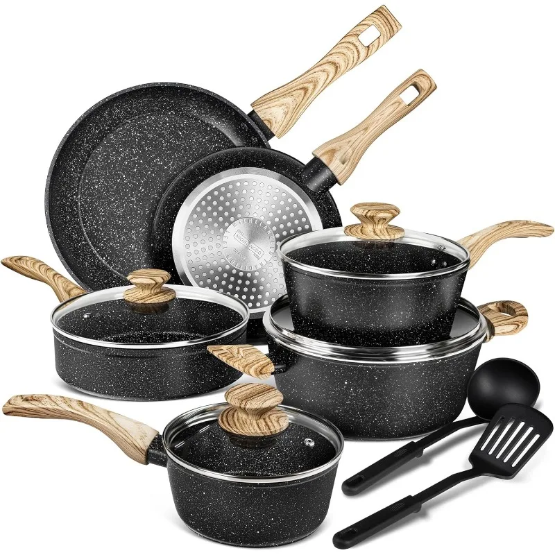 

Pots and Pans Set Nonstick, Kitchen Cookware Sets with Black Granite Coating, 12 Pcs