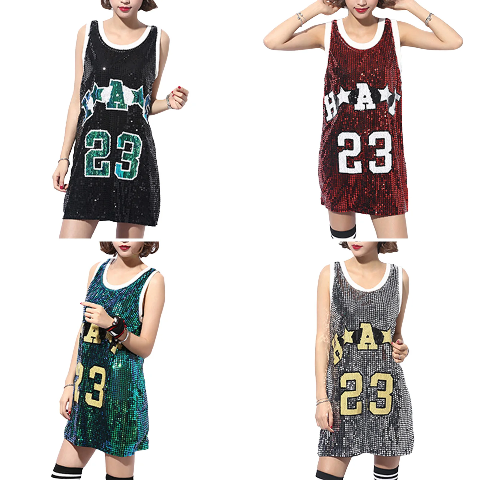 

Women Shiny Sequin Hip Hop Jazz Dance Cheerleading Dress Oversize Vest Dresses Dancing Party Nightclub Performance Costume