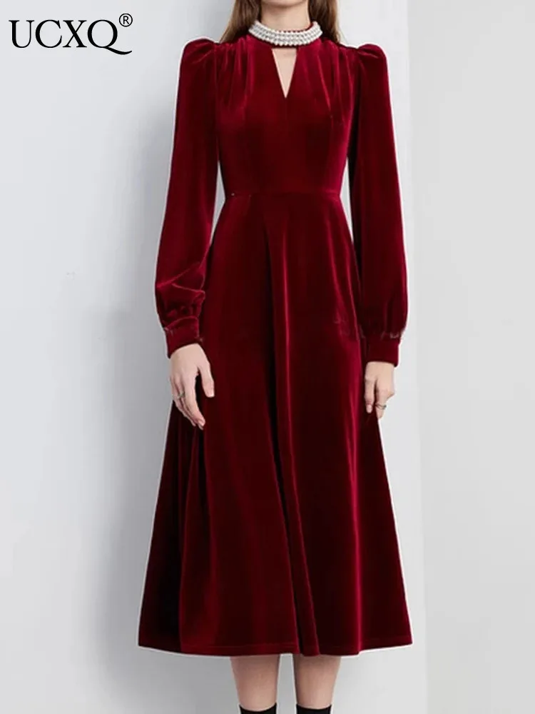 UCXQ Elegant Red Dress For Female European Style Beading Stand Collar Hollowed Out Long Sleeve Women's Dresses 2025 Spring C3210