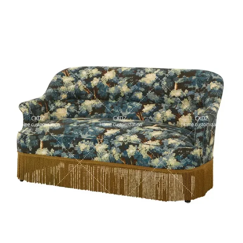 Retro Tassel Double Balcony Leisure Chair High Backrest Straight Row Floral Fabric Sofa for Small Apartment Living Room