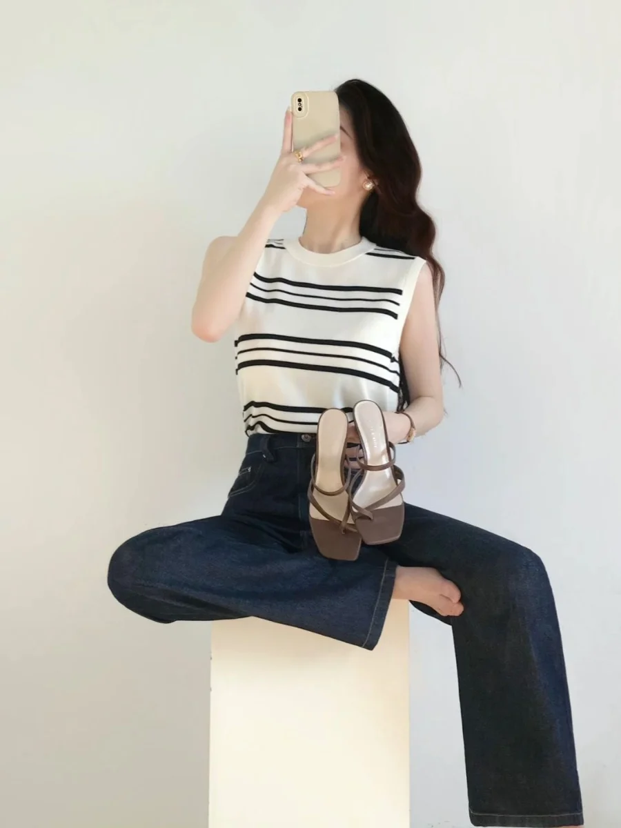 

Faionable Striped Svel round Ne Knitted Vest Women's Summer New Loose Personali Ele Top Commute Sle Korean ...