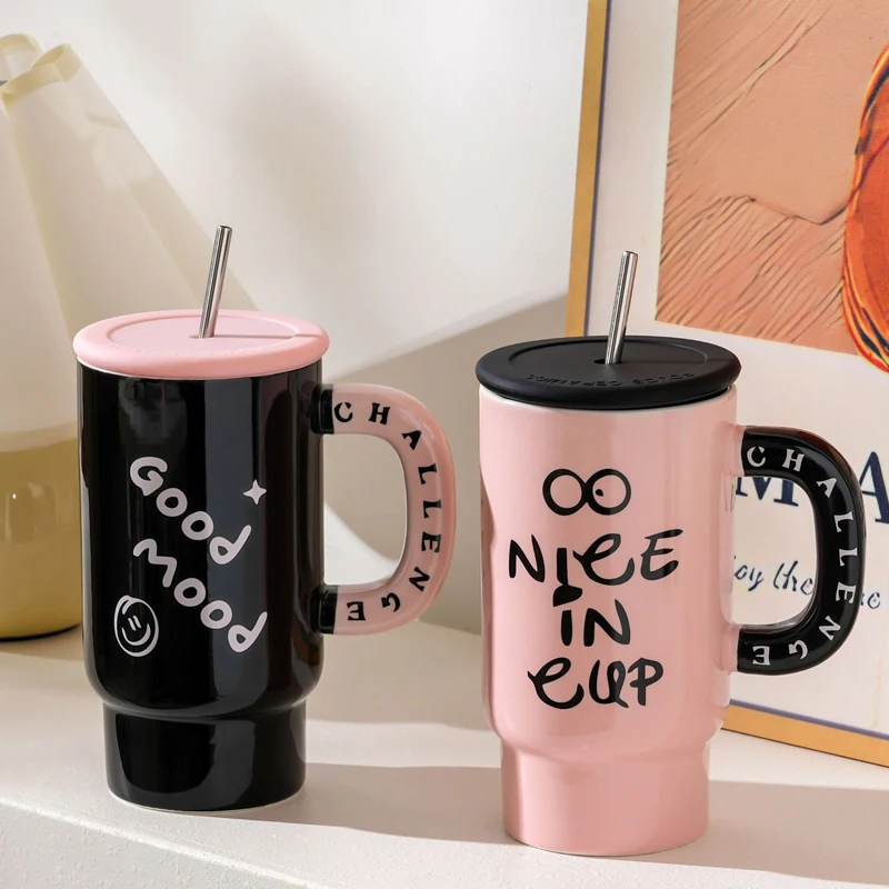 800ml Ceramic Travel Coffeel Mug With Lid And Straw Mug With Handle Creative Large capacity Portable Water Cup