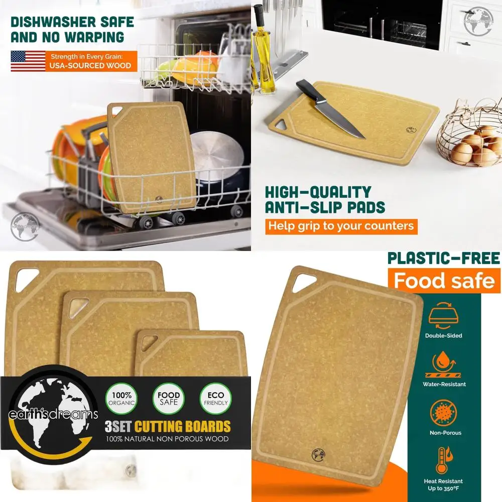 

3-Piece Earth's Dreams Wood Cutting Board Set: Charcuterie Boards, Large Sizes, Non-Plastic, Non-Toxic, Dishwasher Safe (Tan/Jui