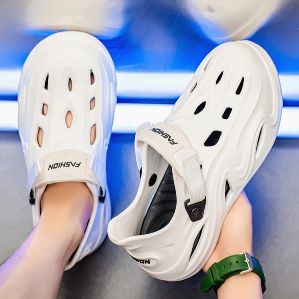 

Casual Black White EVA Couple Sandals Anti Slip Anti Odor Hollow Slides Sandals Shoes Beachwear Thick Soled Slippers Home