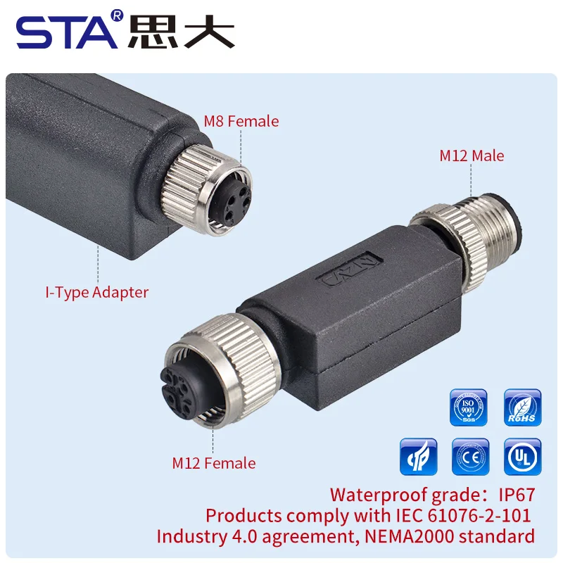 M12 Male Female Adapter I Shape B D Code Connector Splitter Waterproof IP67 Plug 2 3 4 5 6 8 Pins