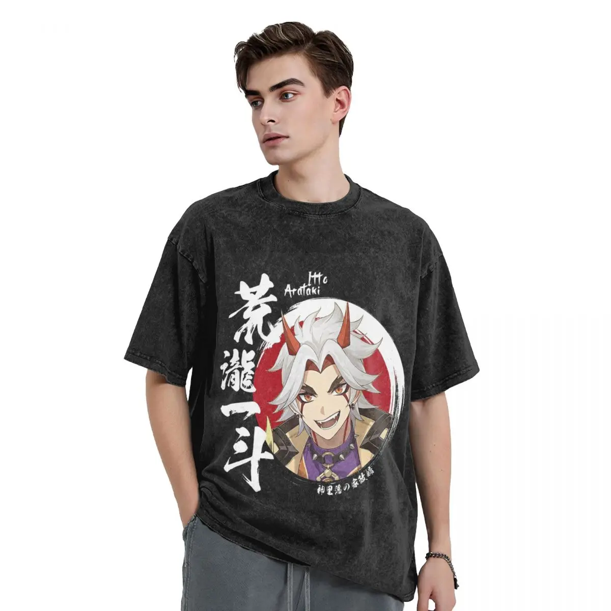 Genshin Impact Arataki Itto Washed T Shirts Harajuku Short Sleeve Hip Hop T-Shirt Streetwear Tops Tees for Men Women