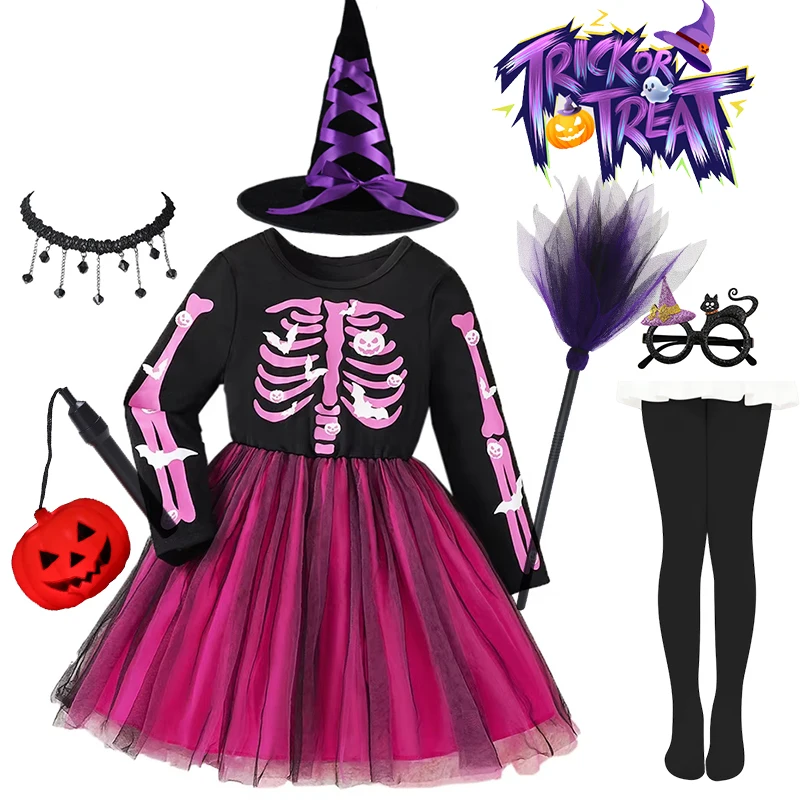 Halloween Kids Purple Mesh Dress Cosplay Skeleton Print Costumes Girl Floral Skull Clothes Children Carnival Performance Outfits