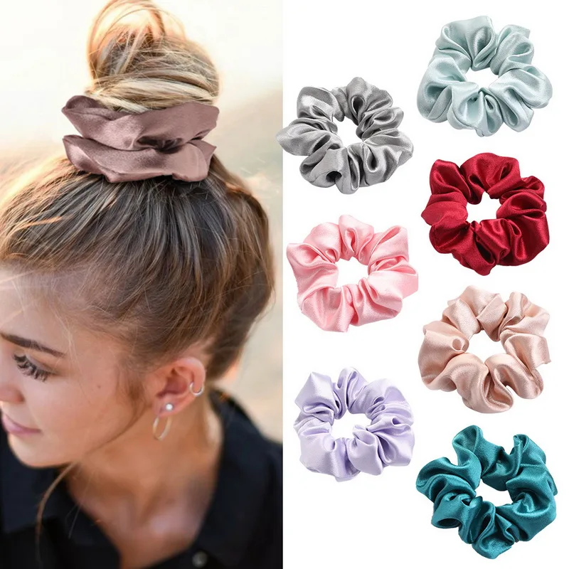 korea Solid Color Satin Scrunchies For Women Elastic Silk Hair Band Girls Black Red Hair Tie Ponytail Holder Hair Rope Headwear