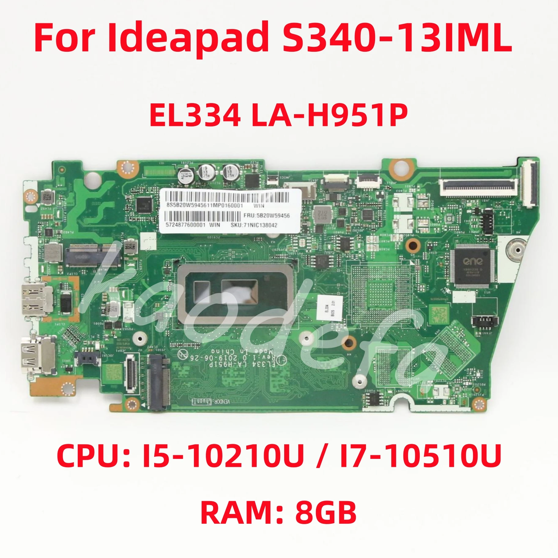 Laptop Motherboard para Lenovo, EL334 LA-H951P Mainboard, S340-13IML, CPU I5-1135G7, I7-1165G7, RAM 8GB, 100% Teste OK