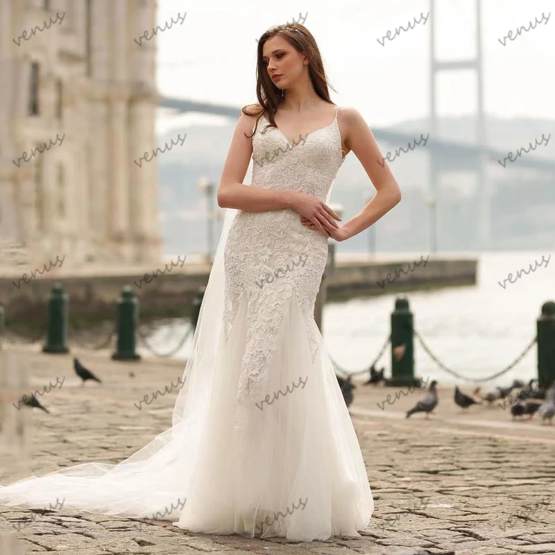 Vestidos De Novia clásicos con Apliques De encaje De sirena, sin mangas, cuello en V, hasta el suelo, 2024