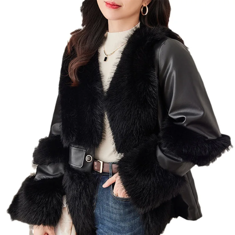 new casual fur jacket winter ladies loose spliced pu leather jacket