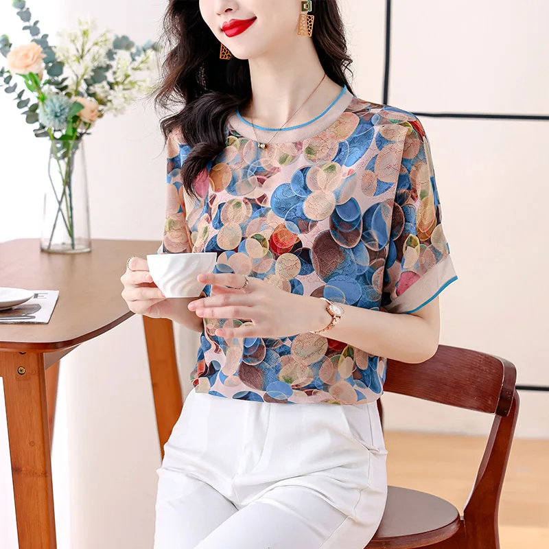 Women Fashion Elegant Polka Dot Print T-shirts Summer Casual Loose O-neck Short Sleeve Tops Office Lady All-match Chic Pullovers