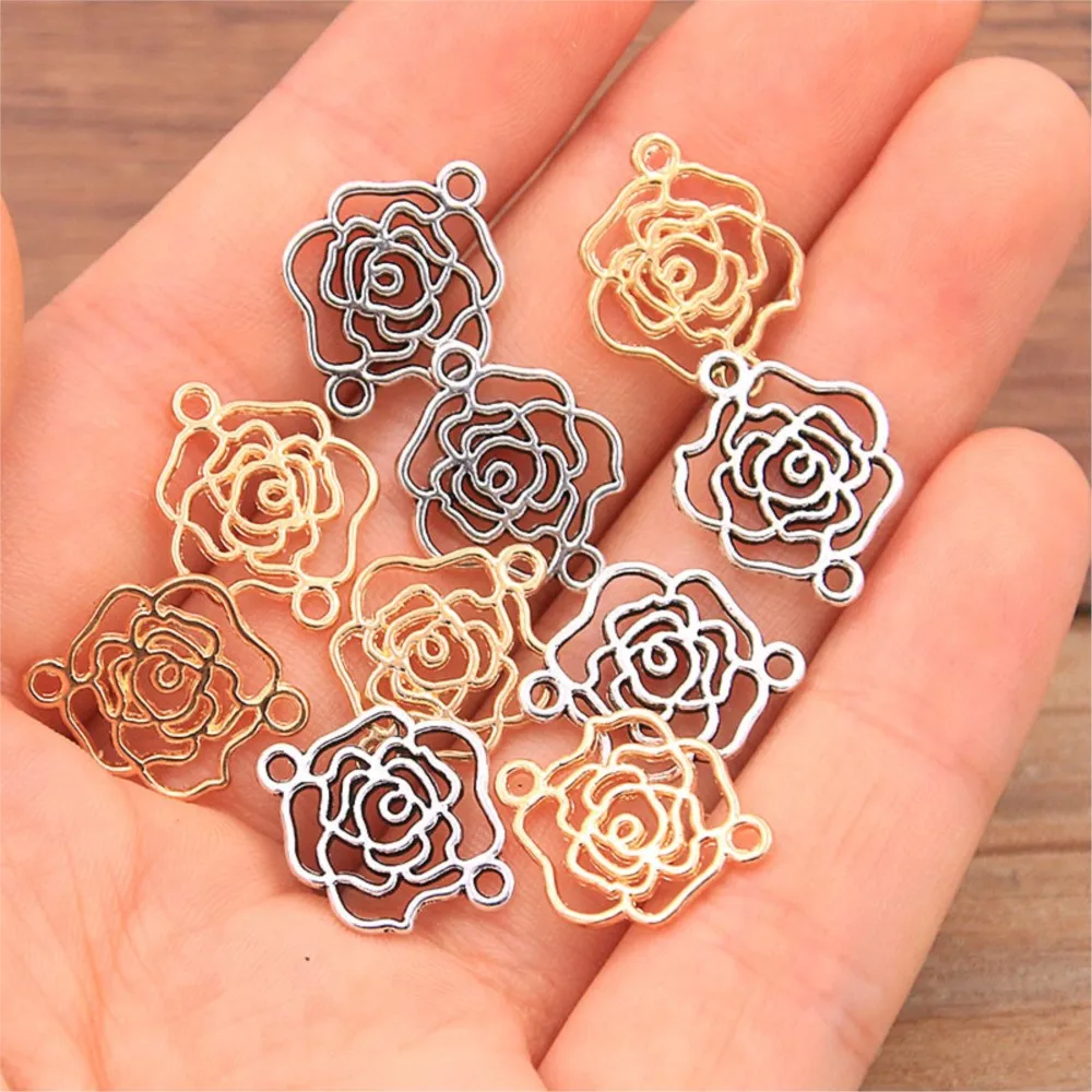 50Pcs 6x10mm Metal Alloy Hollow Rose Flower Charms Connector DIY Necklace Bracelet Handmade Jewelry Making Findings Accessorie