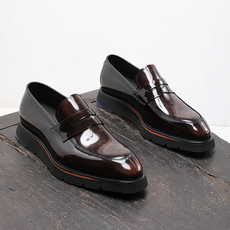 2024 New Business Suit Men Shoes Calfskin, Polished Square Glossy And Thick Soles Casual Loafers.