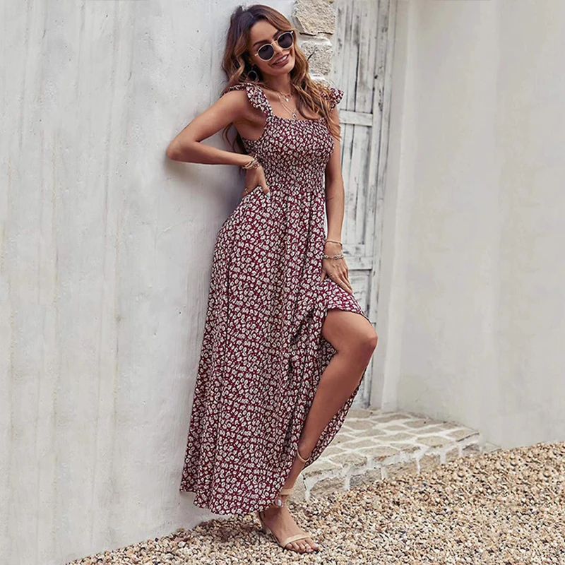 Đầm In Hoa Xù Tay Đi Biển Mùa Hè Ngọt Đầm Áo Bohemian Hoa Đầm Maxi Dài Đầm Vestidos