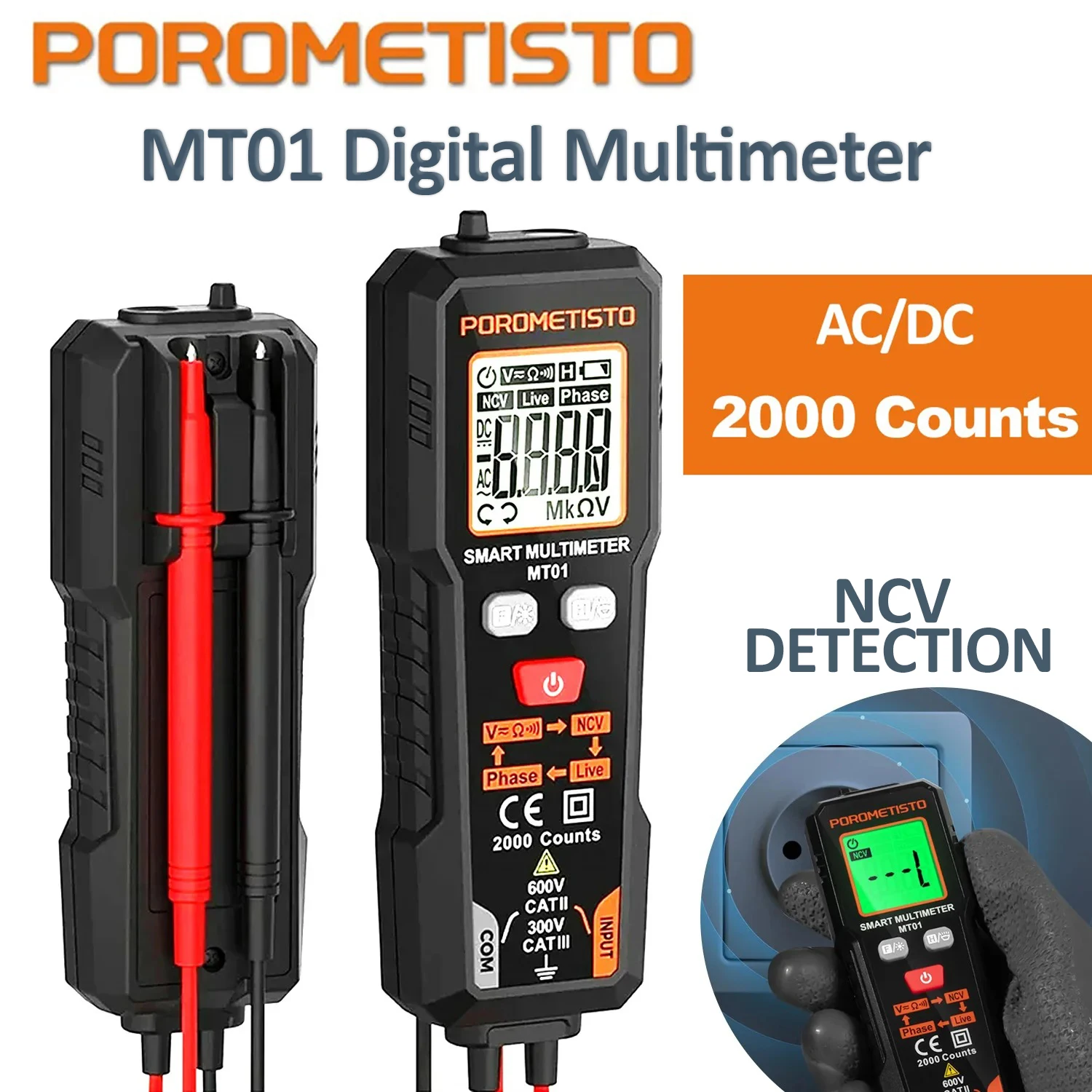 POROMETISTO MT01 multimetr cyfrowy tester napięcia 2000 zliczeń woltomierz AC/DC True RMS NCV Test fazy multimetr automatyczny z zakresem